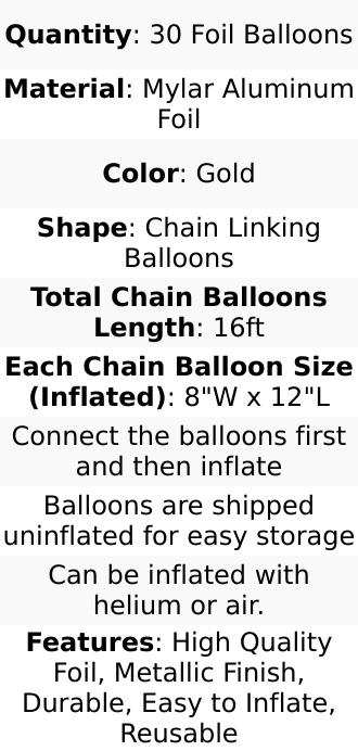 16ft Jumbo Chain Link Balloons in Gold, 30pack Durable Foil Chain Balloons for 90s Hip Hop Party Decorations, Event Decor