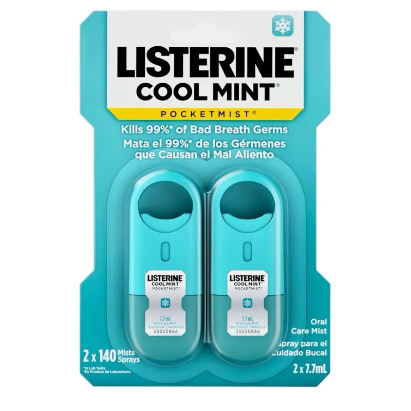 Listerine Breath Spray Cool Mint 2-Pack - Portable Sugar-Free Breath Oral Spray, Kills 99% of Bad Breath Germs, 7.7 mL Each Mouthwash