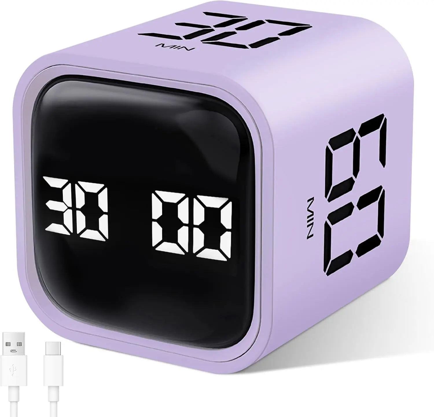 Multi-Function Cube Timer, 5/10/30/60 Min & Custom Count Down, Included Pause & Resume Feature, Silent, Vibrate & Adjustable Sound Alarm for Productivity in Tasks, Study & Kitchen, Purple