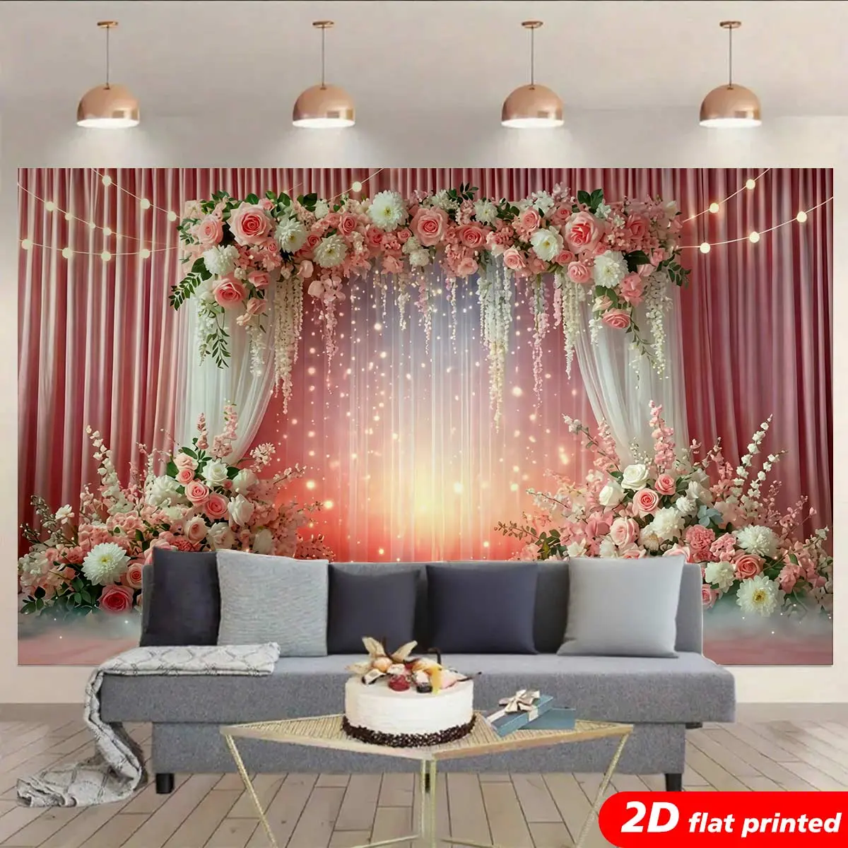 Romantic Floral Tapestry Wall Hanging - Pink Rose Decorative Curtain with Fairy Light Design, 2D Flat-Printed Arch Backdrop Tapestry, for Wedding & Aesthetic Home Room Decor, Arch Backdrop Tapestries