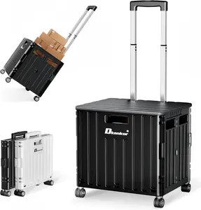 Folding Utility Cart, Protable Rolling Crate with Telescoping Handle ＆ 4 Rotate Wheels ＆ Small Storage Box, Heavy Duty Foldable Utility cart with Wheels for Travel/Shopping/Luggage/Office