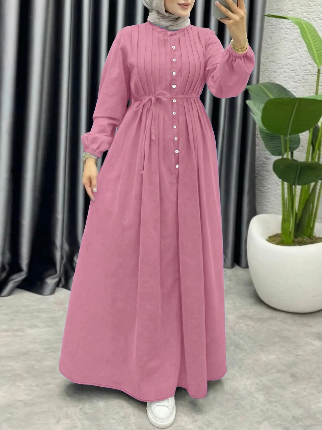 Women's Solid Color Long Sleeve Modest Dress with Round Neck, Single Button  and Waist Tie Design, Ideal for Casual Commuting All Seasons