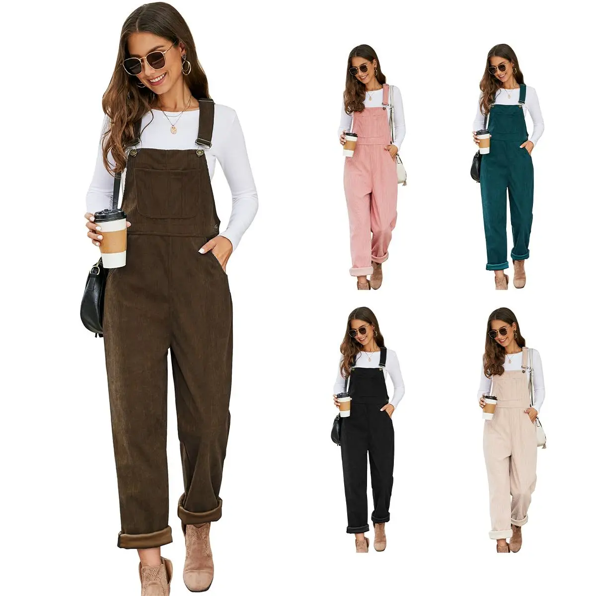 KISSONIC Women's Fashion Soft Cotton Corduroy Overalls - Strappy Sleeveless, Adjustable Straps, Long Bib, Pockets, Side Buttons, Baggy Wide-Leg Jumpsuit, Basic Black, Hand Washable Womenswear for Business & Street Use, Party, Evening