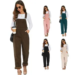 KISSONIC Women's Corduroy Overalls Loose Fit Wide Leg Jumpsuit with Adjustable Straps Long Bib & Pockets Black Womenswear Fashion Strappy Basic Strappy Basic Sleeveless