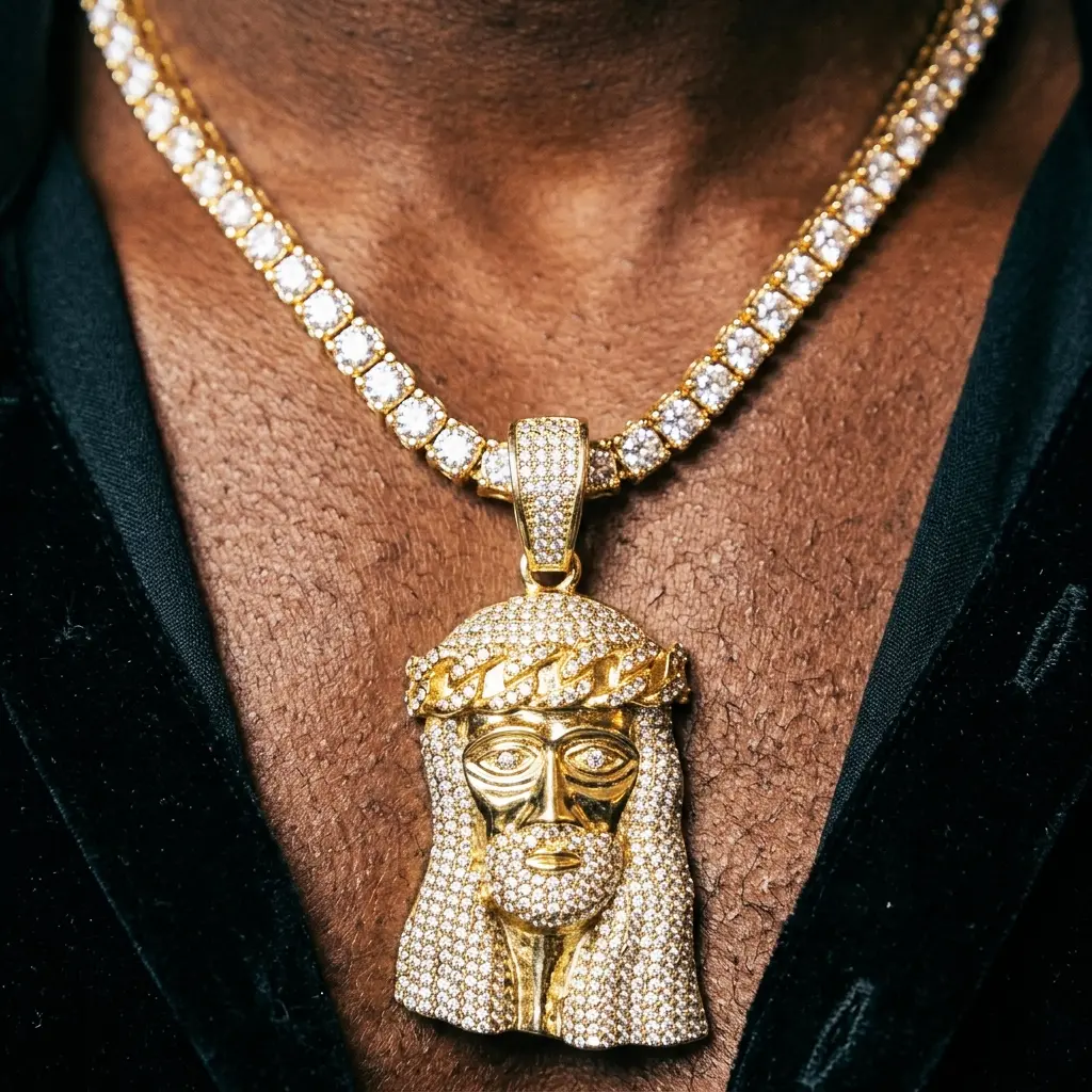 MaxBling81 Men's Large Jesus Head Religious Pendant with 4.5mm CZ Tennis Chain Necklace (18"-20"-24" Lengths) - Hip Hop Style, chain for mens, Pendant Chain Necklaces, Religious Pendant Necklaces