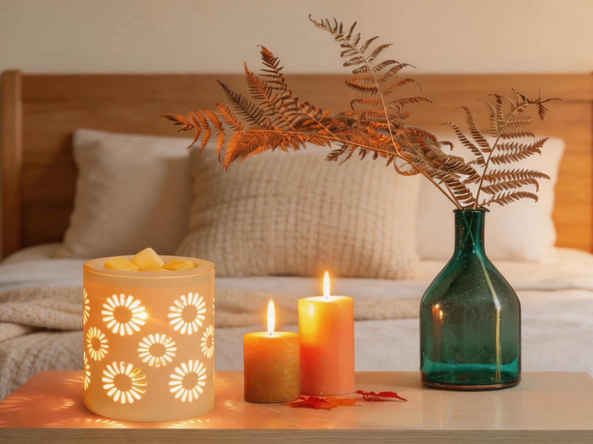 Ceramic electric wax warmer with Edison bulb lighting. It melts scented wax and burns essential oils, featuring sunflower details. Perfect for home aromatherapy and gifting.