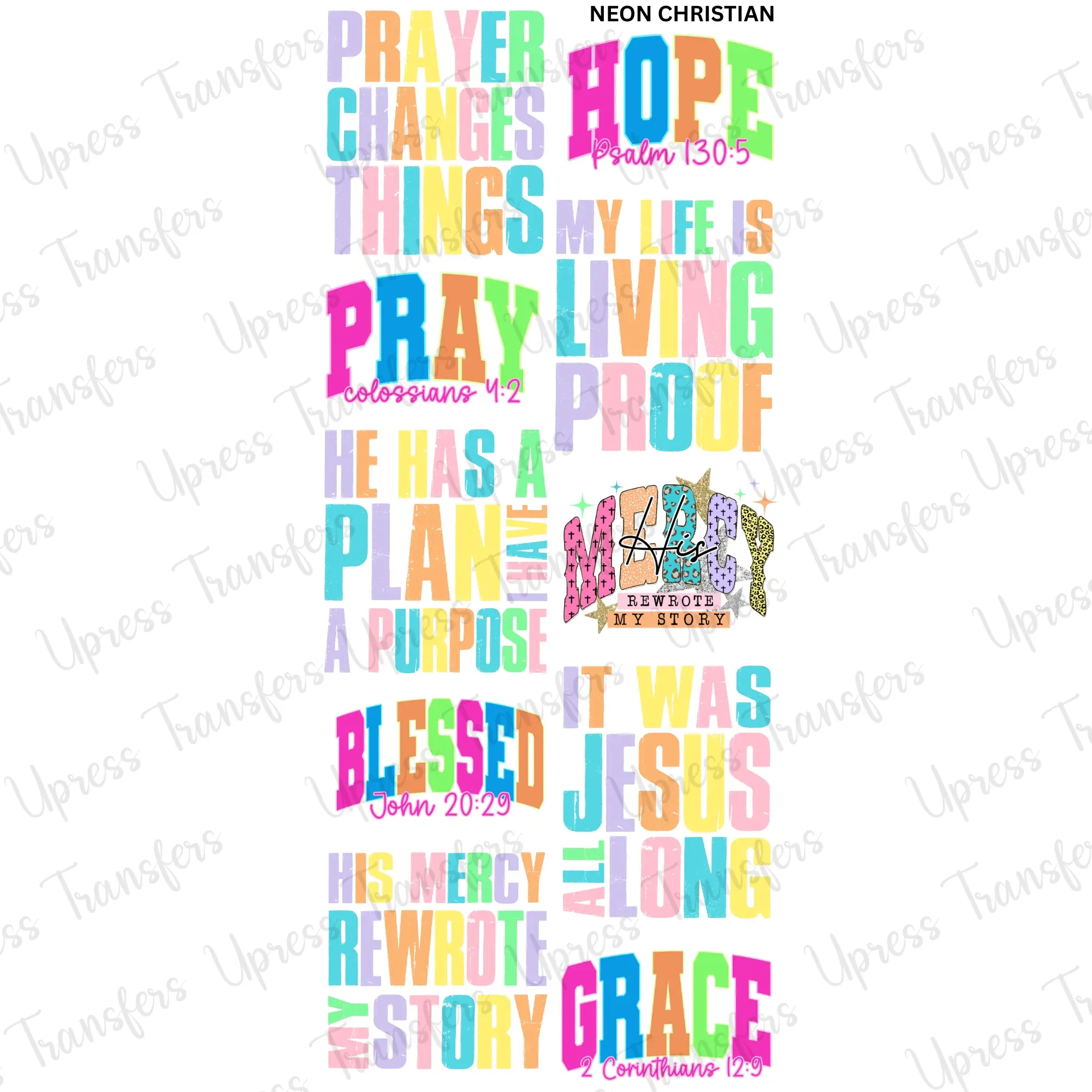 Neon Christian Mini DTF Transfer Gang Sheet 24.5" Wide x 36" Long Direct To Film Trendy Vibrant Designs for Stylish Wardrobe