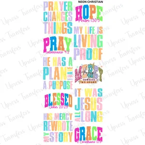 Neon Christian Mini DTF Transfer Gang Sheet 24.5" Wide x 36" Long Direct To Film Trendy Vibrant Designs for Stylish Wardrobe