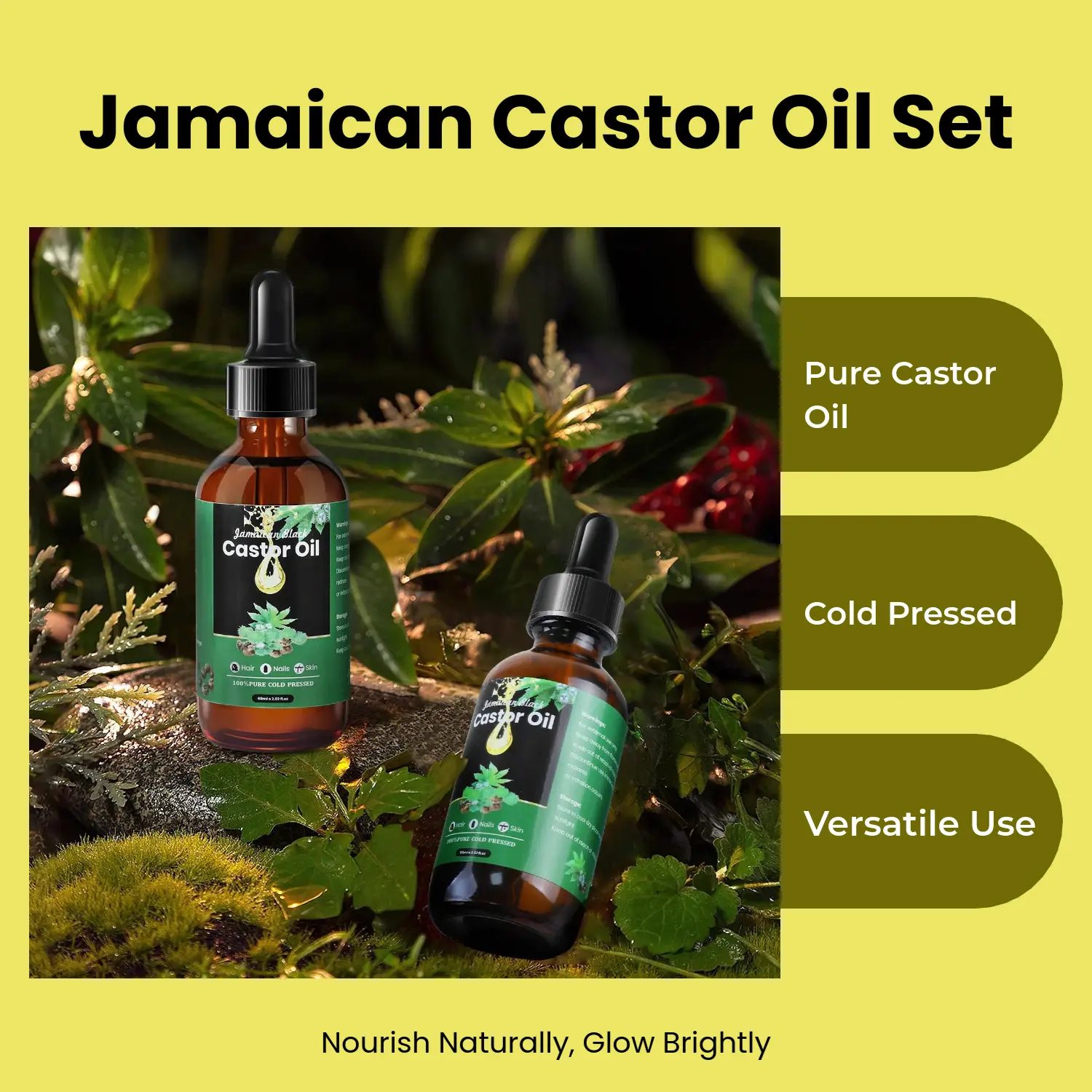 2 Bottles Jamaican Black Castor Oil, Organic Castor Oil Cold Pressed in Glass Bottle for Body, Face, Skin, Hair, Pure Cold Pressed Black Castor Oil, Body Massage Oil Body Care Comfort Natural Nails