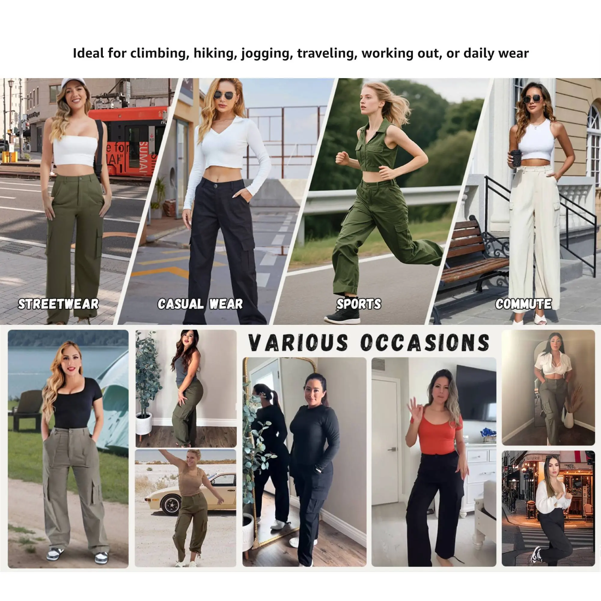 Avamo Lady's High Waisted Wide Leg Polyester Plain Retro Cargo Pants - Stretch Utility Style, 6 Pockets, Elastic Waist, Adjustable Drawstring Cuffs, Regular Fit, Lightweight Casual Streetwear with Button Detail