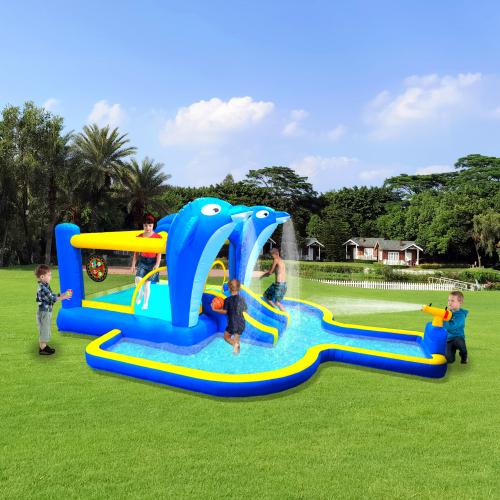 8-in-1 Inflatable Water Park with Slide, Trampoline, Dolphin Sprinkler & Target games & Water gun & Basketball