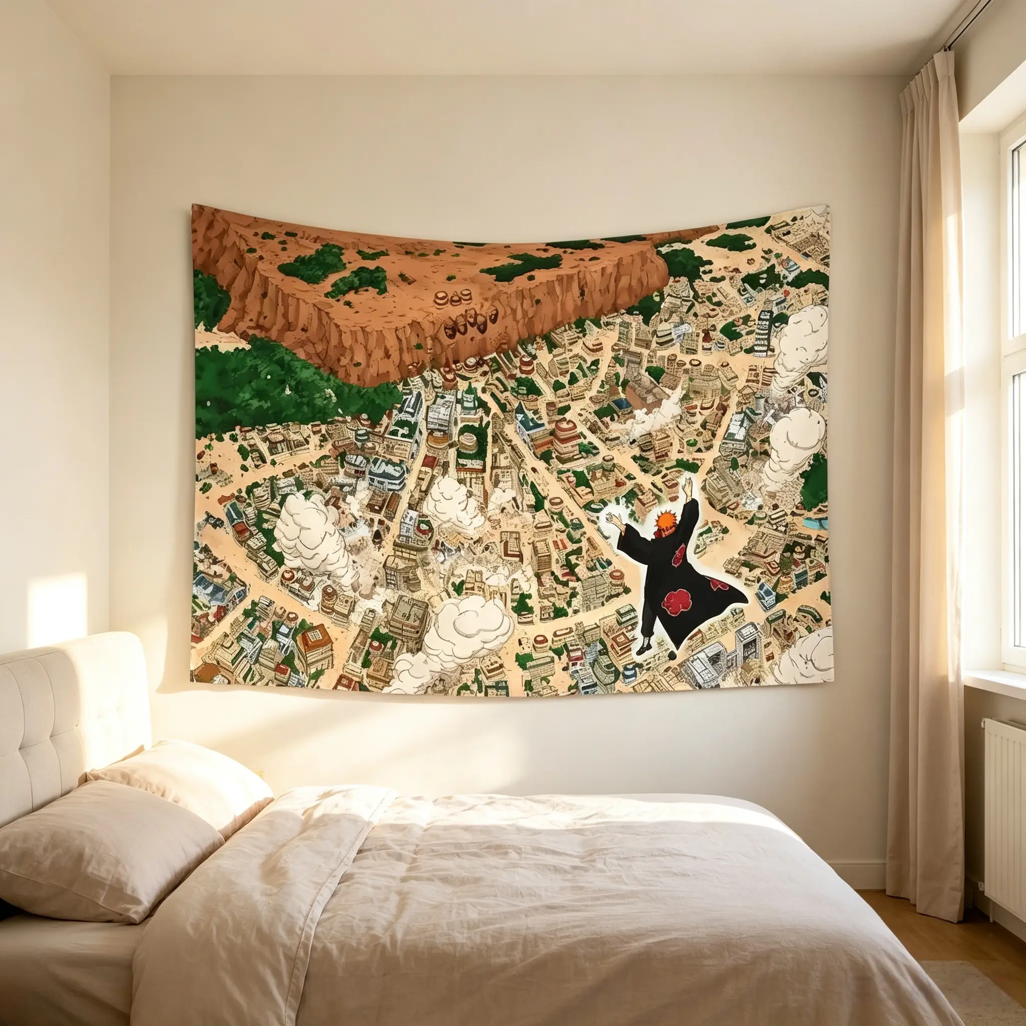 Naruto Konoha Village Attack Tapestry Wall Hanging - Decorative, Customizable, Fade-Resistant Indoor Room Art for Bedroom Home Decor (Pain vs Konoha Anime Theme)