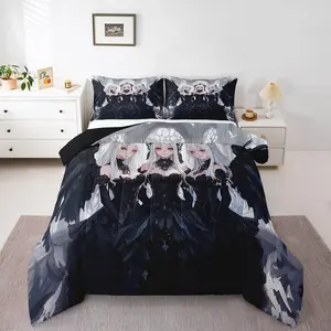 Japanese Anime Comforter Set,Anime Girl Bedding Set,Kawaii Japanese Style Quilt Cartoon Japan Animation Duvet Insert for Boys Teens Adult Women Bedroom Decor,Black