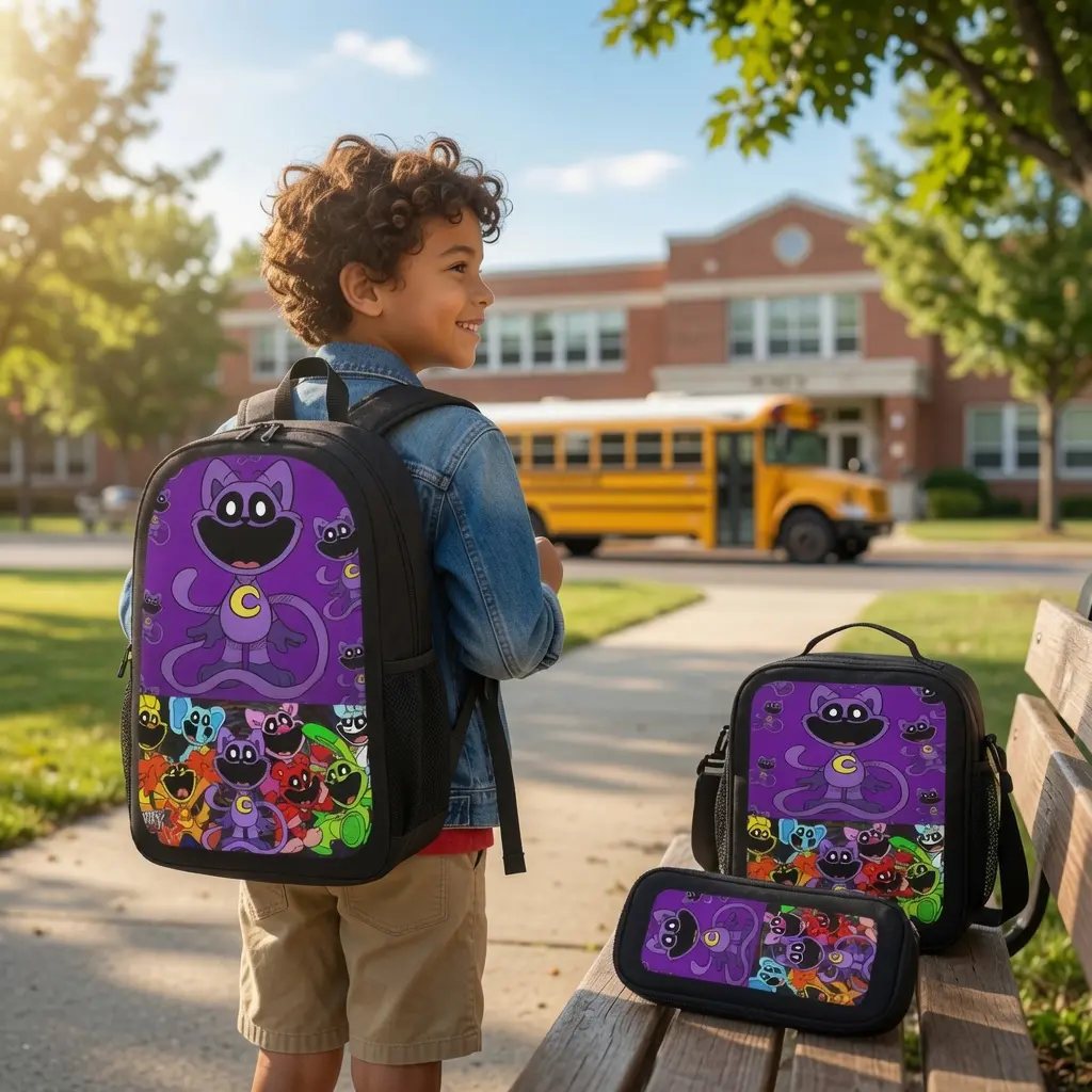 2 Styles Smiling Critters 3Pcs Backpack Set, 17 Inch Kids Student Bookbag with Insulated Lunch Box & Pencil Case, CatNap All Character Cartoon Print Oxford Rucksack, Lightweight School Bag Gift For Boys Girls Game Fans Travel