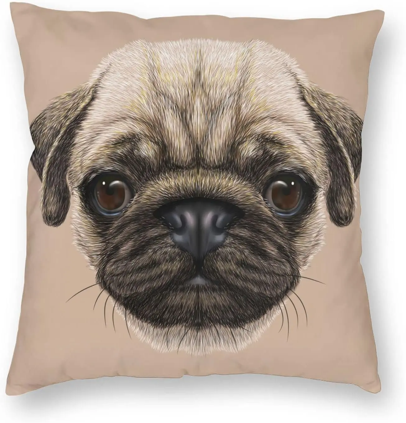 18x18 Inch Double Sided Printed Throw Pillow Cover, Realistic Detailed Fur Texture Pug Puppy Face Cushion Case, Soft Khaki Solid Base Pet Portrait Sofa Bedroom Decor, Lovely Birthday & Housewarming Gift For Pug Owners, Dog Mom And Canine Enthusiasts