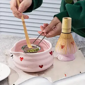 5pcs Matcha Whisk Set, Cute Heart Ceramic Matcha Bowl, Tea Set with Spout, Whisk Holder, Bamboo Whisk, Scoop, Sifter, Ceramic Matcha Kit
