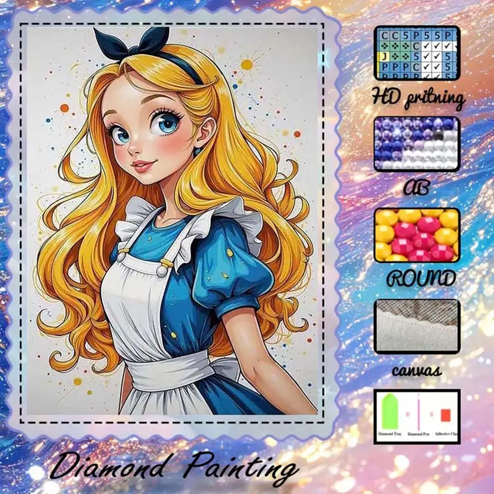 DIY 5D Flocking Diamond Painting Kit, Handicraft, AB Drill, Fairy Dust Drill, Girl with Yellow Hair, Blue Dress, Diamond Embroidery, Special Craft Diamond Art Kit, Wall Decor, Gift for Family, Lovers, Friends, Diamond Painting Kits for Beginners