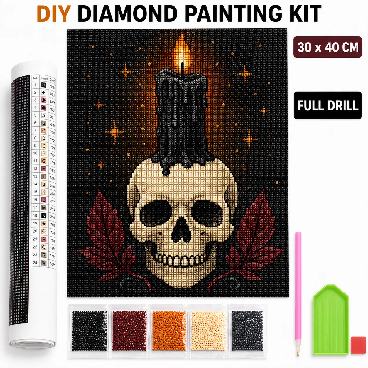 DIY Halloween Craft Kit for Gothic Art Lovers, Skull and Candle Diamond Painting, Full Drill Unframed Canvas with Round Drills, 30 x 40 cm