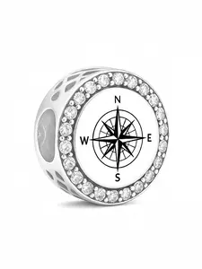 Copper Silver Color Round Compass Beaded Necklace with Zirconia Inlay, Cute Travel Souvenir, Perfect for Travel Memorabilia