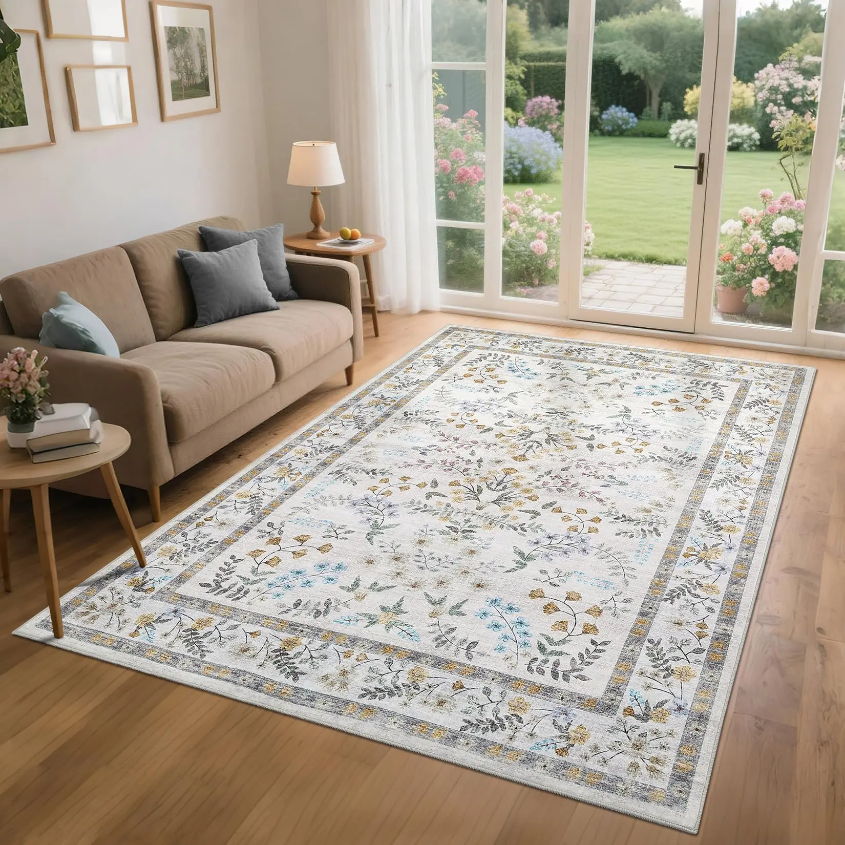 GARVEE Machine Washable Vintage Area Rugs Indoor Non Slip Low Pile Carpet for Bedroom Bathroom Soft Floor Mat Farmhouse Office Decor 10x13ft Beige