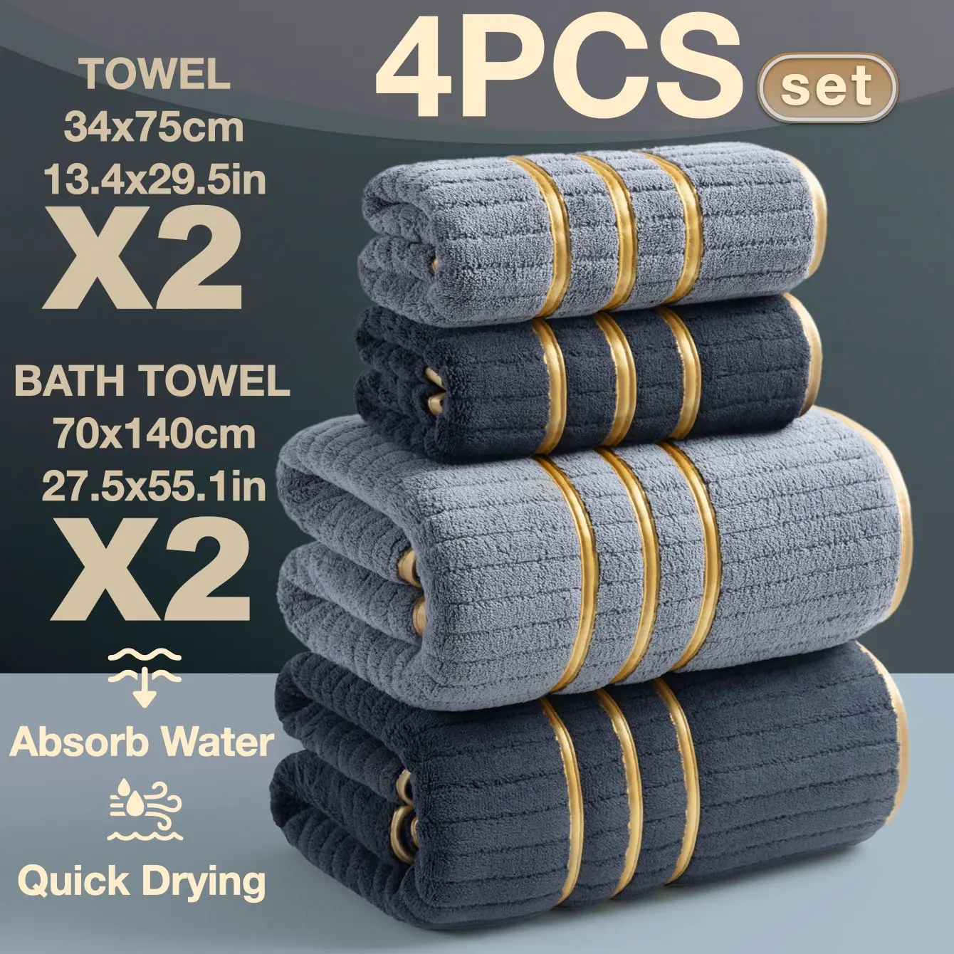 4-Piece Luxury Bath Towel Set, High-Density Ultra-Fine Fiber, Quick-Dry, Soft, Durable, Hotel-Quality, Ideal for Home, School, Gym, Spa, Quick Dry Bath Towels