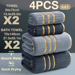 4-Piece Luxury Minimalist Gold Embroidered Towel Set, Thick High-Density Microfiber, Soft Absorbent Quick Dry, Hotel Quality Spa Essentials
