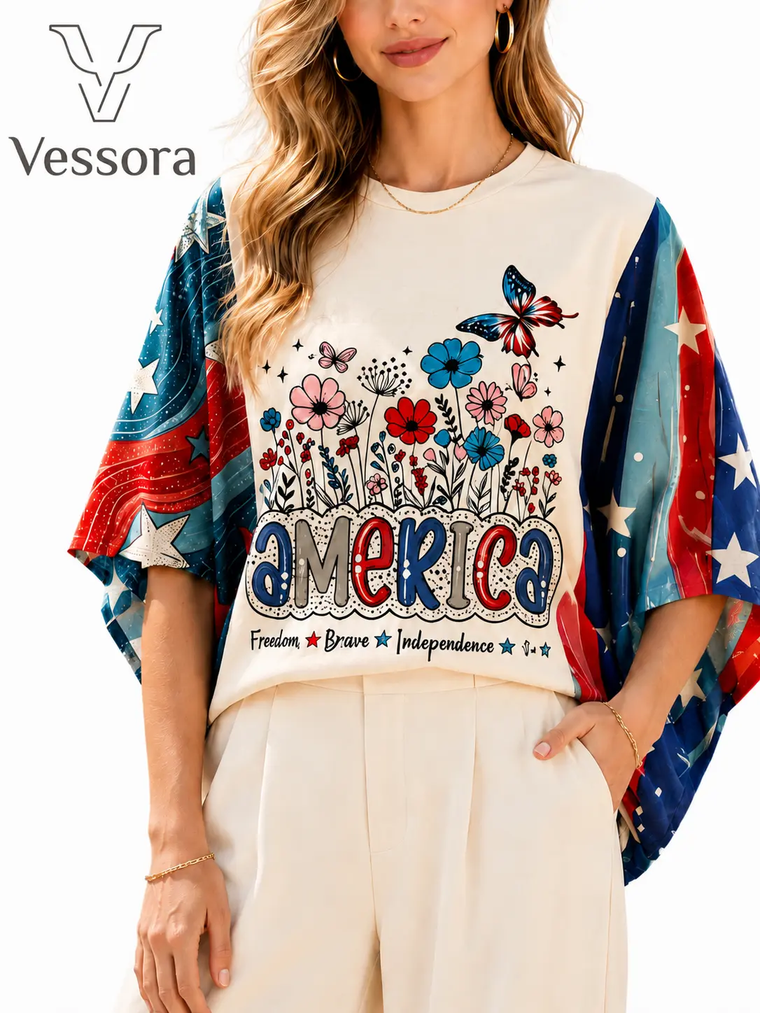 Vessora Women’s Patriotic America Graphic Batwing Top, Oversized Flag Print Dolman Sleeve Blouse, Independence Day Casual Loose Fit Shirt, Fourth of July Outfit