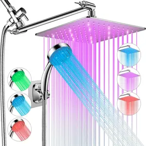 LED Shower  with High  10'' Rain Shower , 11'' Adjustable Extension Arm, Color Changing Based On Water Temperature, Stainless Steel, 60'' Hose, Chrome