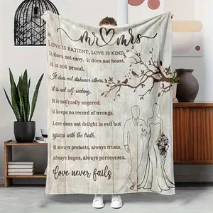 1 Piece Vintage Mr& Mrs. Wedding Blanket - Romantic Love Never Fails Couple Gift, Includes Wedding Vows Text, Soft Polyester Flannel Anniversary Shawl, Wedding Decoration Home - Beige/Black Text, All-Season Use, Elegant Writing Style