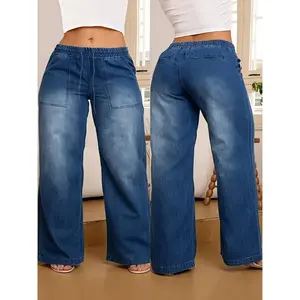 Women’s fashionable plus-size wide-leg jeans, classic washed denim jeans with an elastic drawstring, all-season casual long jeans GARMENTARY