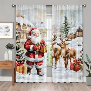 2-Piece set, Holiday Merry Christmas Printed Curtains - Santa and Reindeer design, suitable for bedroom living room kitchen office home decoration, privacy protection - machine washable, translucent rod pocket design, Christmas decoration.