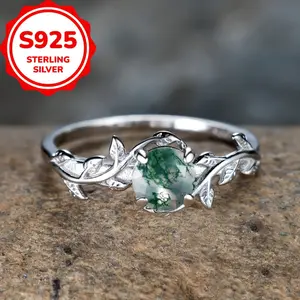 925 Sterling Silver Natural Green Moss Agate Ring Unique Engagement Promise Rings For Women Wedding Jewelry Gift (2.8g)