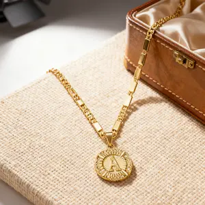 14K Gold-Plated Initial Monogram Necklace |   Round Capital Letter Pendant |   A-Z Figaro Chain for Women