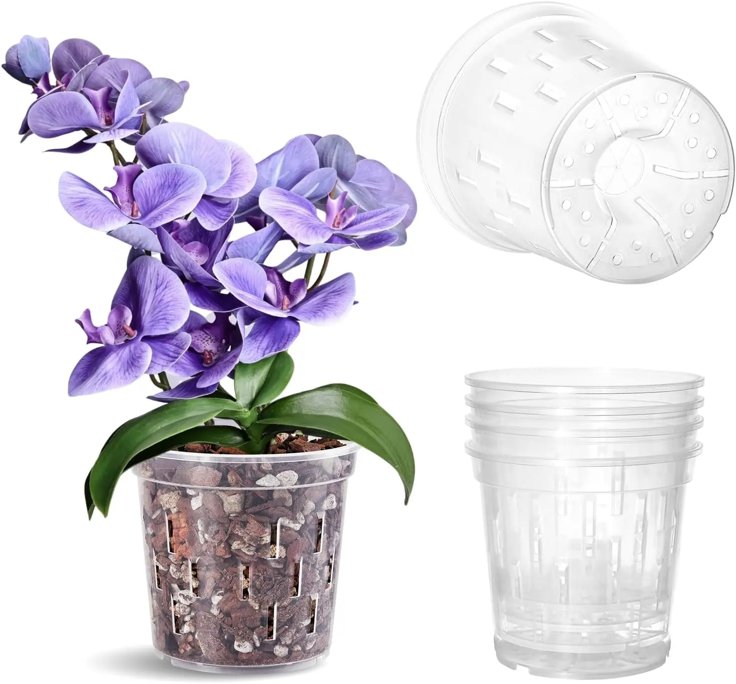 Orchid Pot  4 Pack 5 Inch Clear Orchid Pots with Drainage Holes for Repotting  Ideal for  Root Growth  Sturdy Plastic  Pot for Indoor & Outdoor