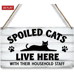 Black Cat Welcome Door Sign And Their Staff Live Here Sign Cats Only Signs Cat Wooden Hanging Sign 3.93x7.87 inch Rectangular Welcome Sign for Indoor Outdoor Home Porch Window Decor