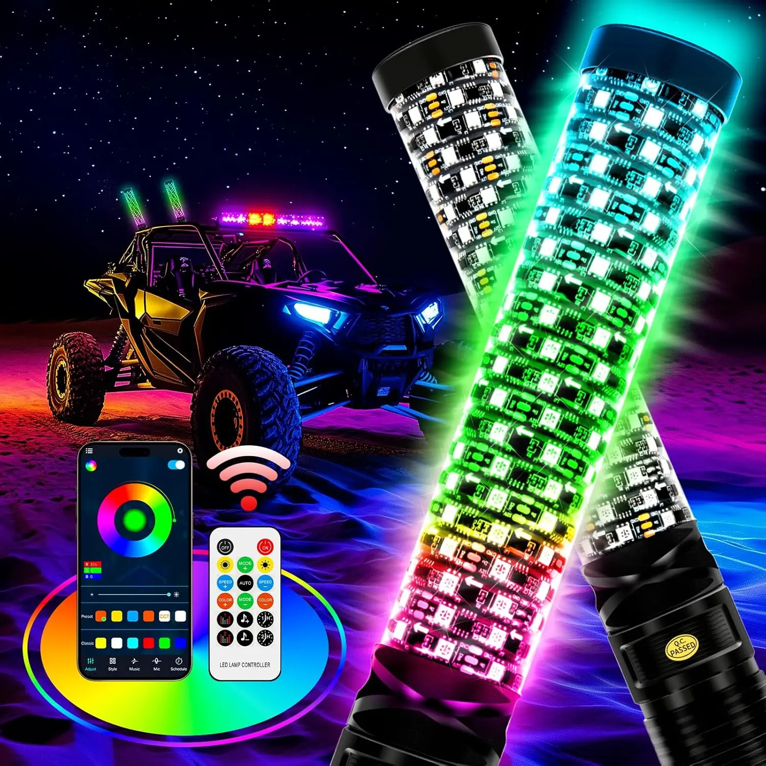 2PCS 1ft 2ft RGB Spiral LED Whip Lights Side by Side Antenna Chase Buletooth APP Remote Contral with Turn Signal Brake Lights for UTV RZR Can-Am ATV SxS Sand Dune Buggy Trucks