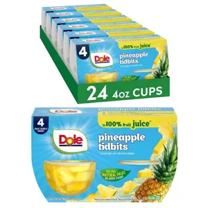 Sweet Real Pineapple Tidbits Fruit Bowls in 100% Juice, 4oz Individual Cups (24 Total), Gluten-Free, Dairy-Free, Room-Temp Bulk Lunch Snacks for Kids, Adults