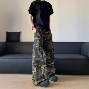 Ripped Stretch Straight Jeans American High Street Loose Straight Multi-pocket Work Pants For Men's Camouflage Casual Pants