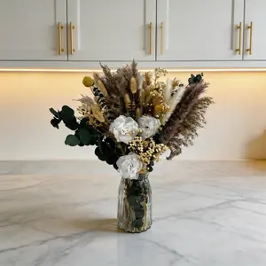 Textured Boho Dried Flower Arrangement with Vase, Pampas Grass Eucalyptus for Depth