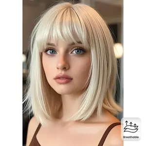 Popular Breathable Short Straight Bob Wig with Bangs in Gradient Platinum Color, Perfect for a Stylish Look