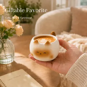 (Set of 3)Adorable Cat Ceramic Coffee Cup with Spoon - Cute Kitty Mug, Multi-Use for Coffee, Latte, Tea & Dessert, Kawaii Aesthetic Desk Decor, Food-Safe & Easy to Clean, Perfect Gift for Cat Lovers & GirlsCeramic Mug with Handle