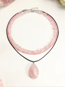 Women's Natural Rose Quartz Pendant Necklace Jewelry Set, Pink Crystal Beaded Chain Gift for Women, Perfect Valentine Christmas Holiday Present, Elegant Beaded Necklace, Beaded Pendant Necklaces