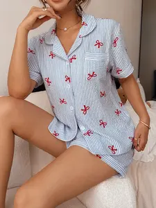 Women's Blue Striped Bow Tie Pyjama Set, Casual Loose Fit Sleepwear, All Season Home Clothing, Short Sleeve Pajamas