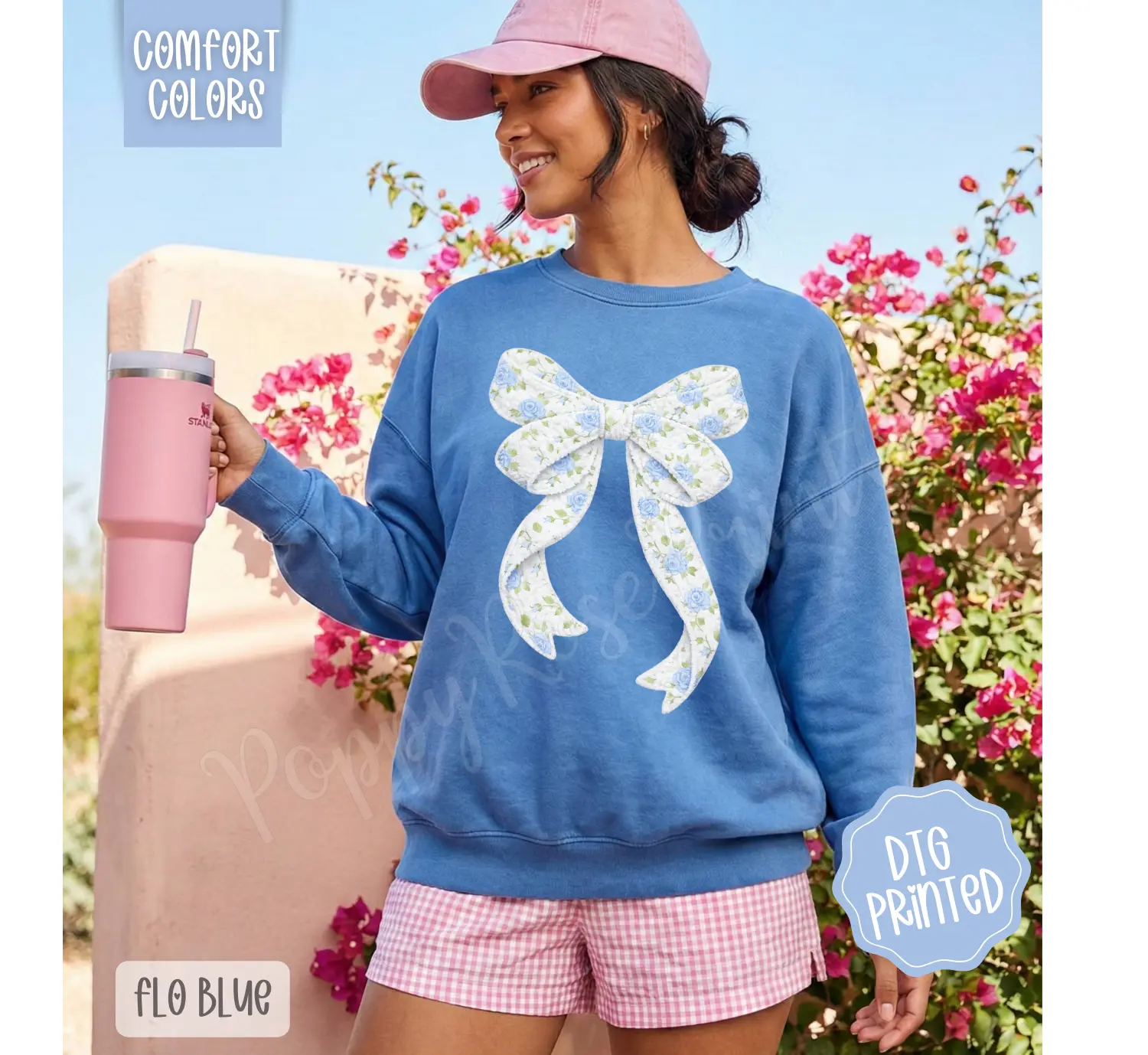 Floral Bow Comfort Colors Sweatshirt, Trendy Women's Crewneck