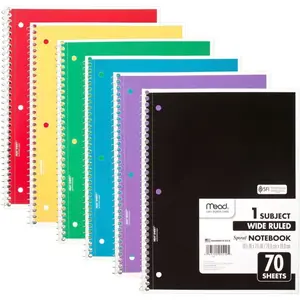 Spiral Notebook, 6 Pack, 1 Subject, Wide Ruled Paper, 7-1/2" x 10-1/2", 70 Sheets per Notebook, Colors Will Vary (930201-ECM25)