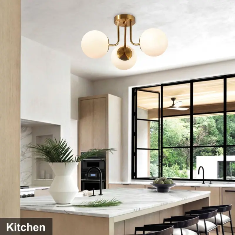 3-Arm Chandelier Lampshade, Plastic Round Ball Light Cover, Adjustable Arm Direction, Iron Base E27 Socket Modern Decorative Indoor Kitchen Home Decor