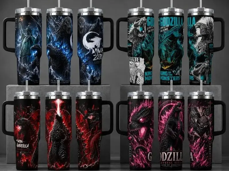 Godzilla King of the Monsters Kaiju Printed Stainless Steel Insulated Water Bottle Tumbler, Blue-Black Reusable Cup with Silicone Straw Lid, 20oz/40oz Sizes + 40oz Handle Option, Bottles, Water Bottles