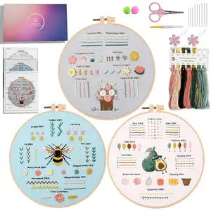 Embroidery Kit for Beginners Adults Starter Kit Needle Point Supplies 33 Basic Stitches in 3 Set, DIY Craft Lover Starter Hand (Flower)
