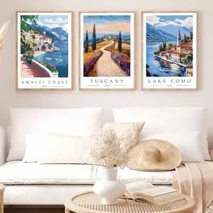 Italian Travel Poster, 3 Counts/set Lake Como & Town Landscape Pattern Artistic Canvas Painting without Frame, Wall Art Decor for Home Living Room Bedroom Office, Ornaments