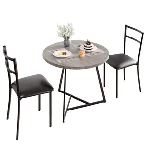 Space-Saving 3-Piece Bistro Dining Set, Round Wood Grain Table with Metal Frame, 2 Padded Upholstered Chairs, Easy Assembly Modern Dining Furniture for Small Apartment, Cafe and Dining Room, White